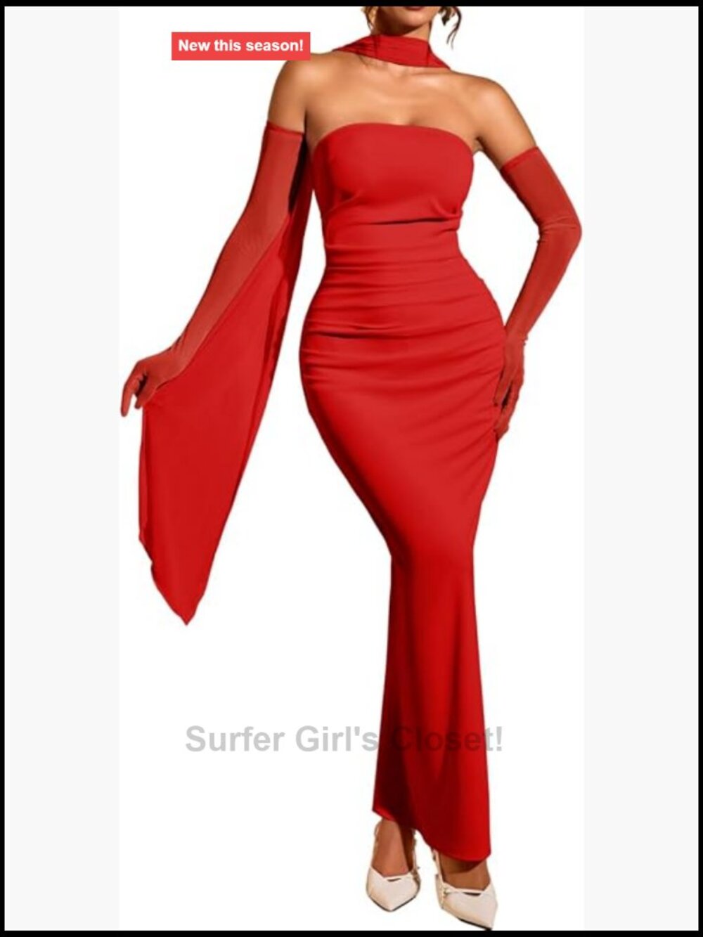 Bodycon Tube Ruched Slit Maxi Dress with Scarf & Gloves Set Evening Party Club